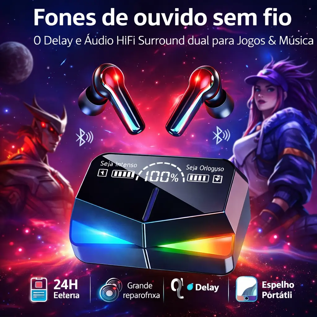 Fone Bluetooth Gamer com estojo e display digital
